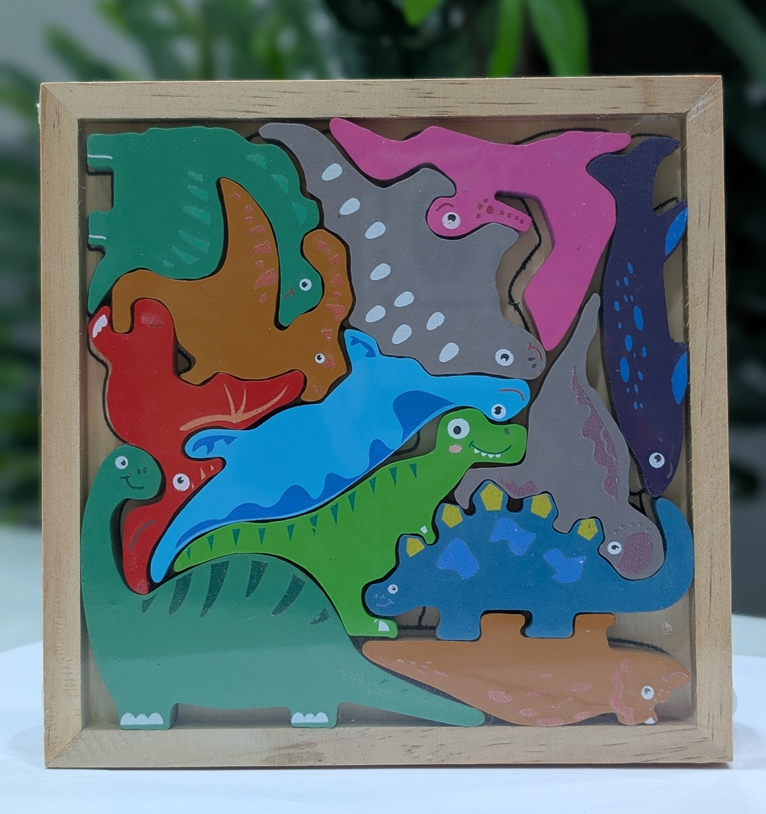 Organic wooden dinosaur puzzle toy with colorful pieces for toddlers, eco-friendly and non-toxic